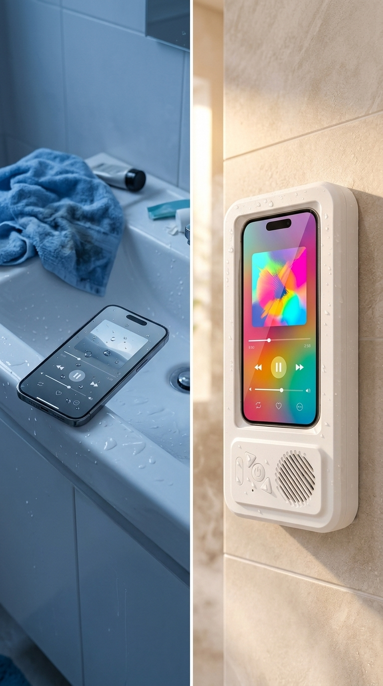 Phone on the edge of a wet sink vs Rainody on the shower wall