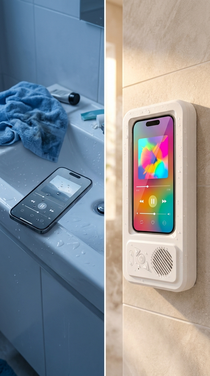 Phone on the edge of a wet sink vs Rainody on the shower wall